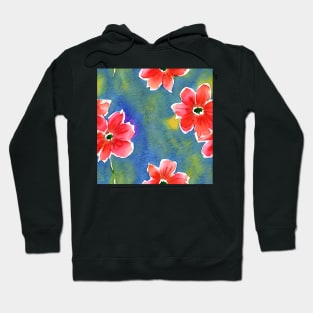 red flowers against a blue and yellow bg Hoodie